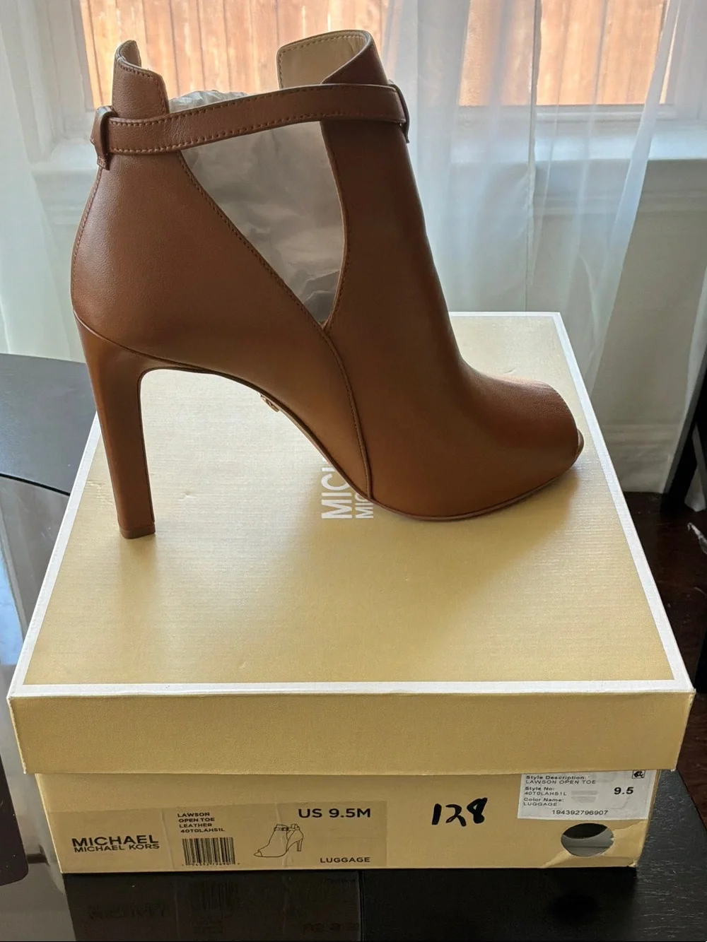 Michael Kors Luggage Brown Peep-Toe Ankle Bootie with Gold Buckle - Never Worn!